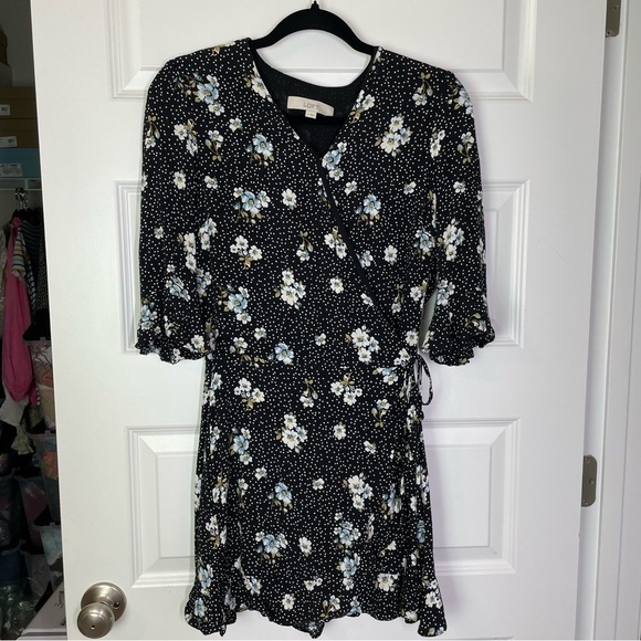 Loft Women’s Floral Polka Dot Wrap Romper Dress Size 4 Flutter Ruffle Boho - Picture 3 of 11